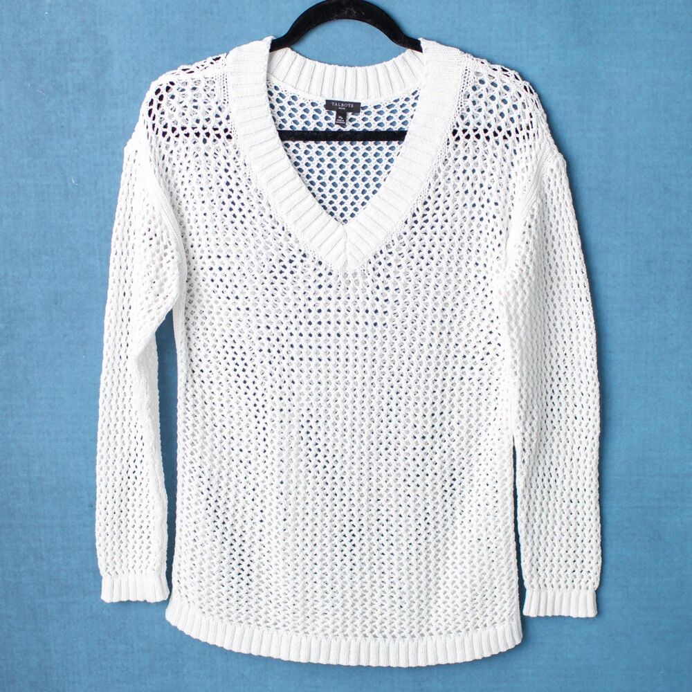 Talbots Petite MP White Open Knit Crochet V Neck Sweater 100% Cotton Pullover